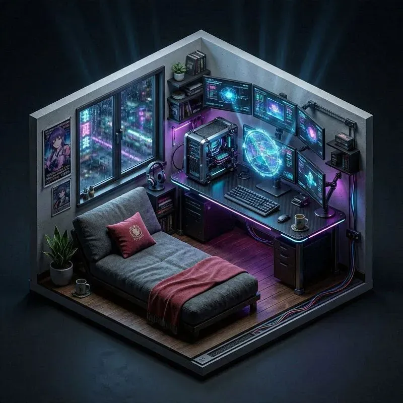 Isometric 3D Cyberpunk Gaming Rooms