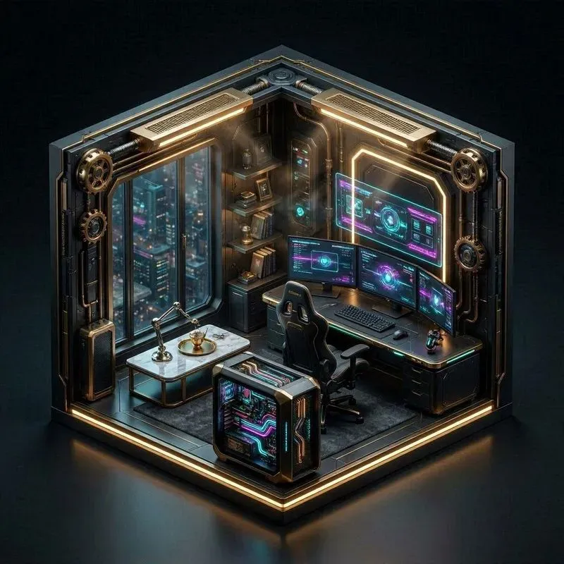 Isometric 3D Cyberpunk Gaming Rooms