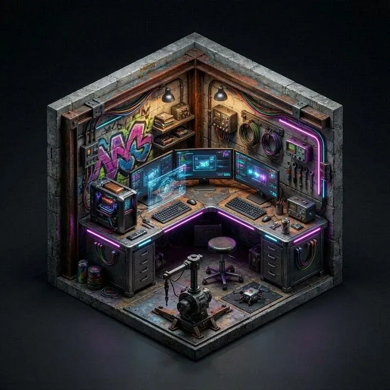 Isometric 3D Cyberpunk Gaming Rooms