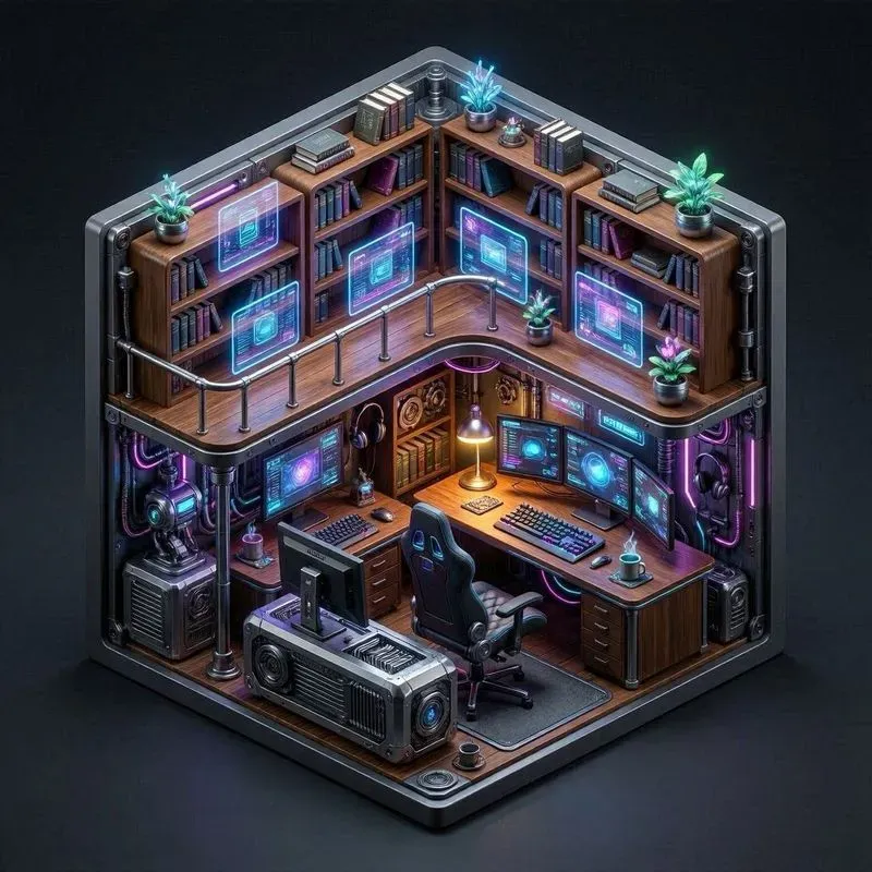 Isometric 3D Cyberpunk Gaming Rooms