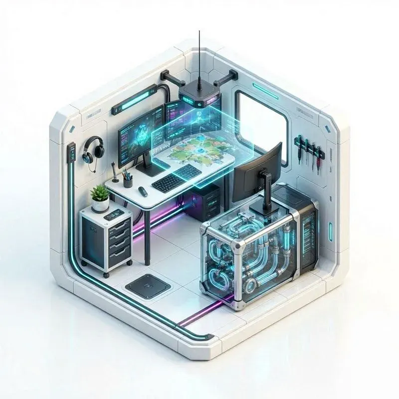 Isometric 3D Cyberpunk Gaming Rooms
