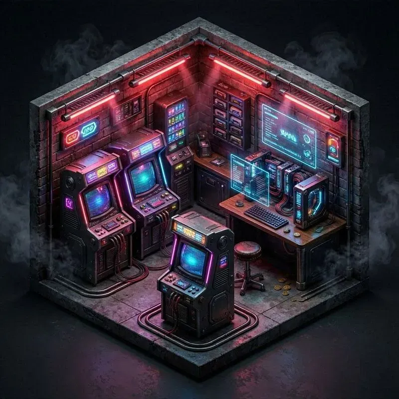 Isometric 3D Cyberpunk Gaming Rooms