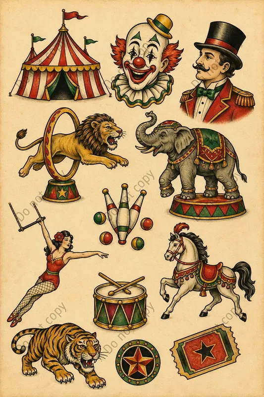 Vintage Circus Tattoo Flash Sheets
