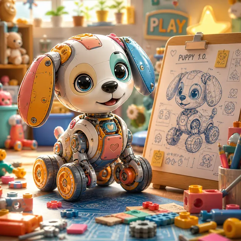 Robot Puppy Toy Builder Scene Art