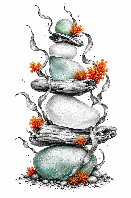 Stippled Zen Stones And Flora Art