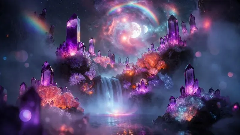 Bioluminescent Crystal Gardens In Fog