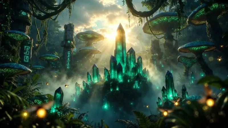 Bioluminescent Crystal Gardens In Fog