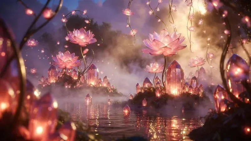 Bioluminescent Crystal Gardens In Fog