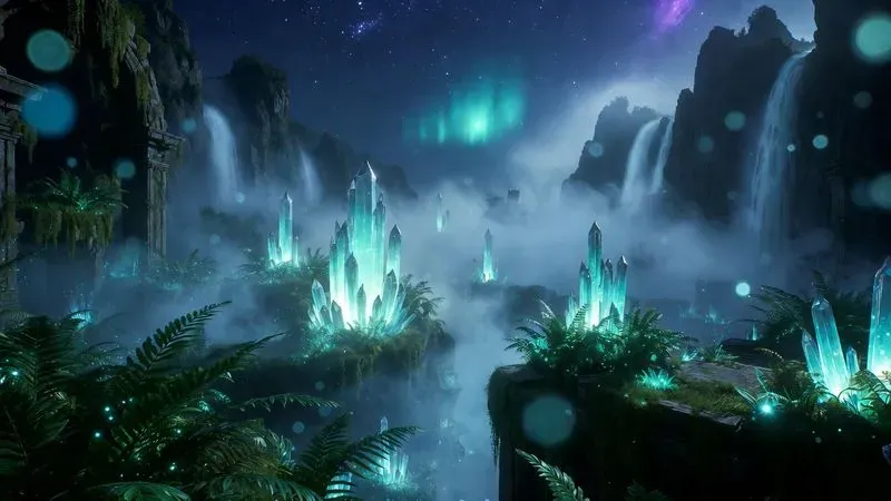 Bioluminescent Crystal Gardens In Fog