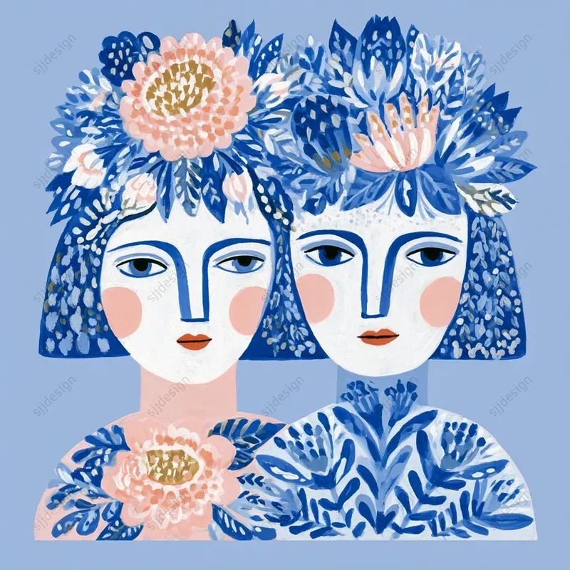 Blue Folk Floral Art