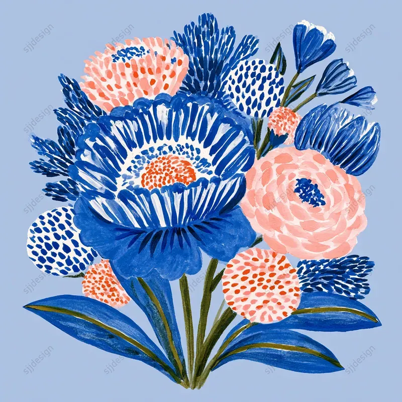 Blue Folk Floral Art