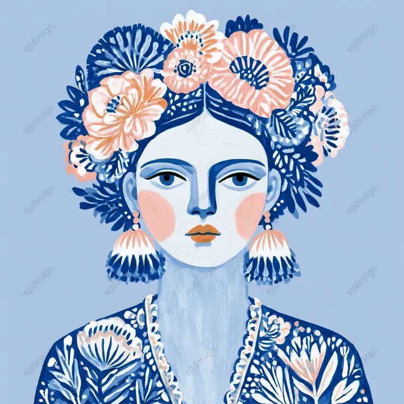Blue Folk Floral Art