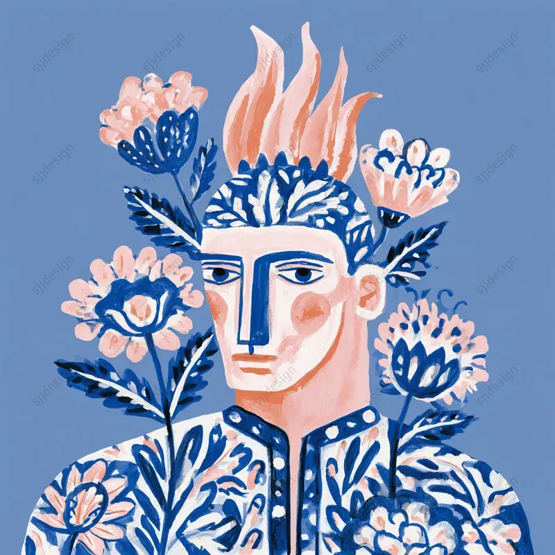 Blue Folk Floral Art