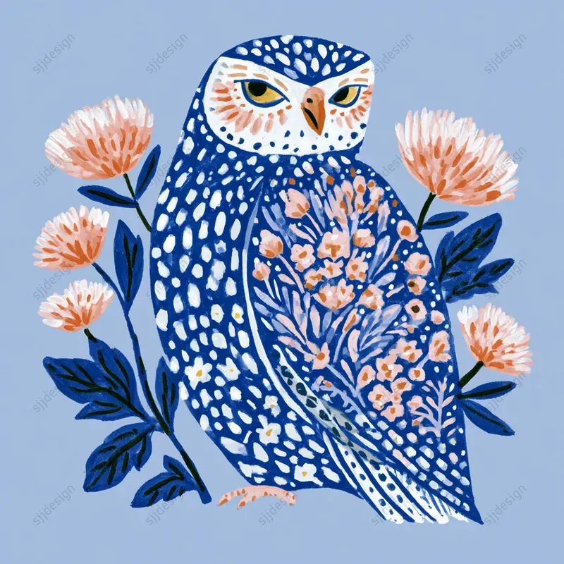 Blue Folk Floral Art