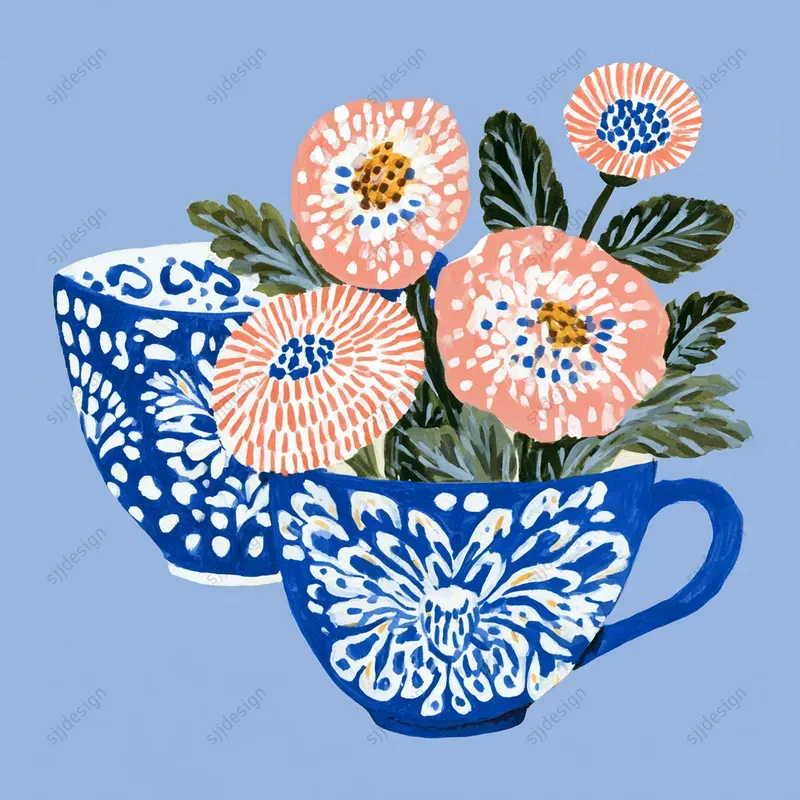 Blue Folk Floral Art