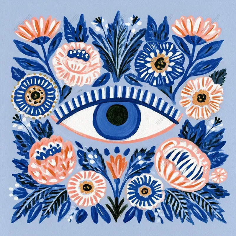 Blue Folk Floral Art