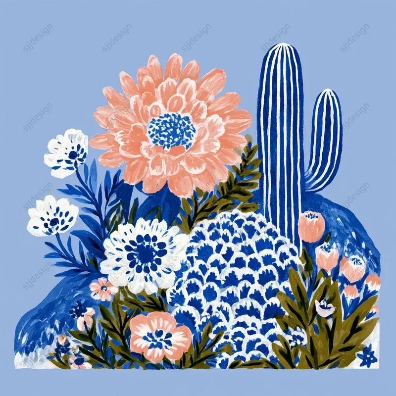 Blue Folk Floral Art