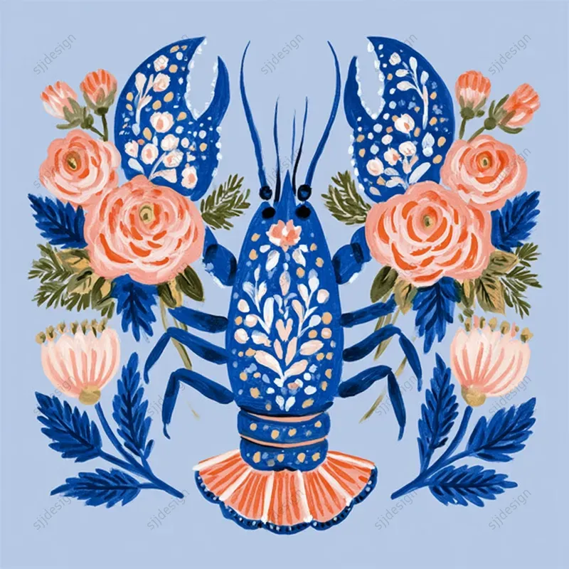 Blue Folk Floral Art
