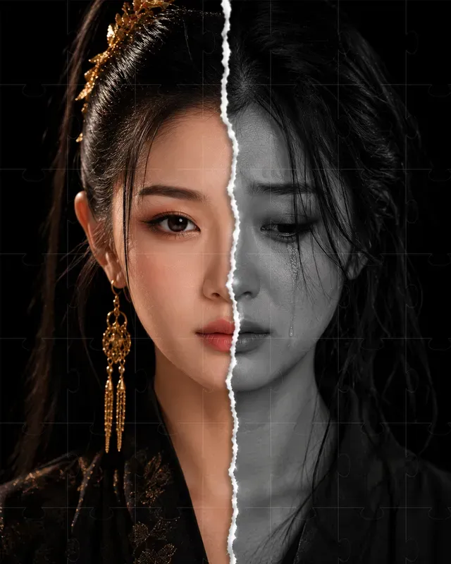 Emotional Duality Portrait Split Faces