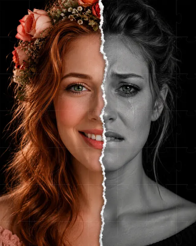 Emotional Duality Portrait Split Faces