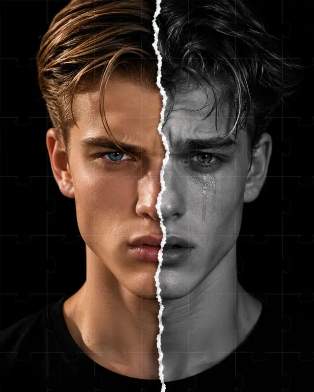 Emotional Duality Portrait Split Faces