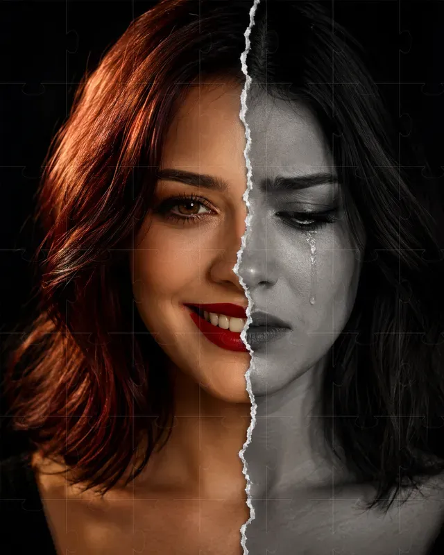 Emotional Duality Portrait Split Faces