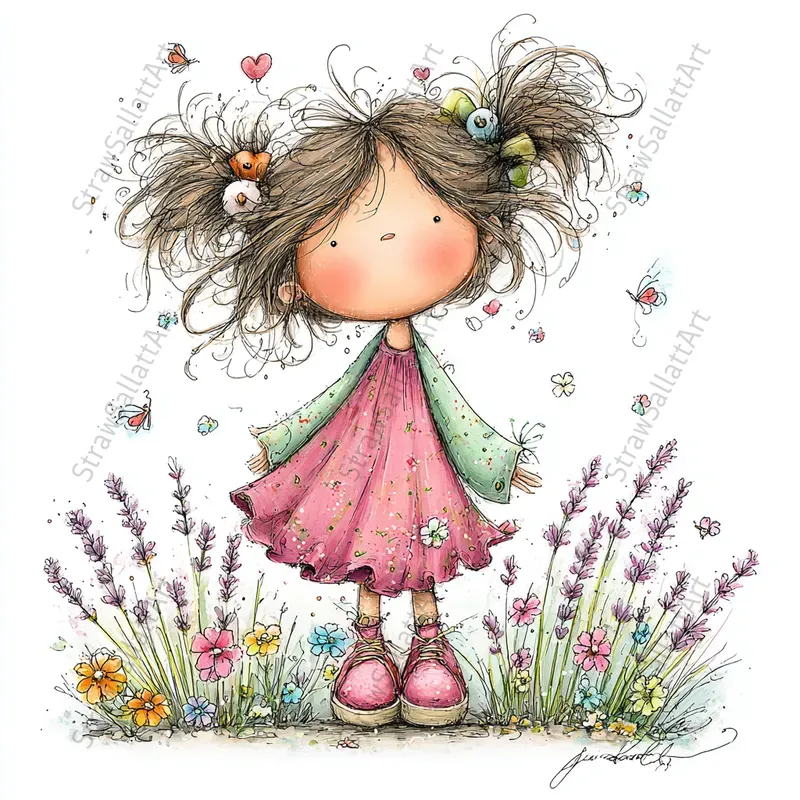 Doodle Girls Springtime Playful Cliparts