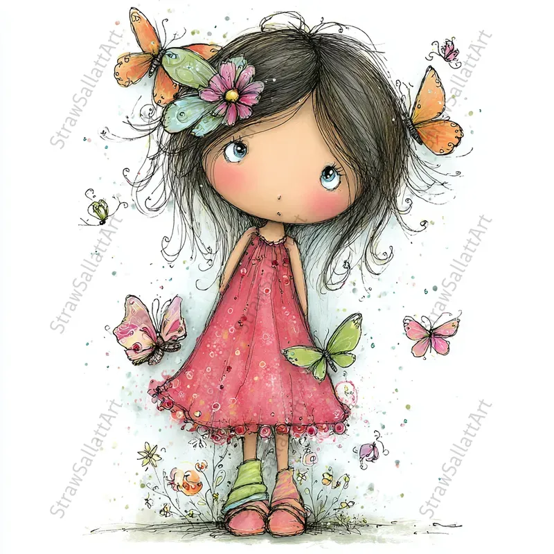 Doodle Girls Springtime Playful Cliparts
