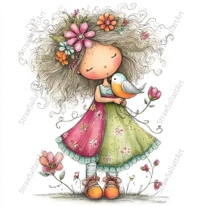 Doodle Girls Springtime Playful Cliparts