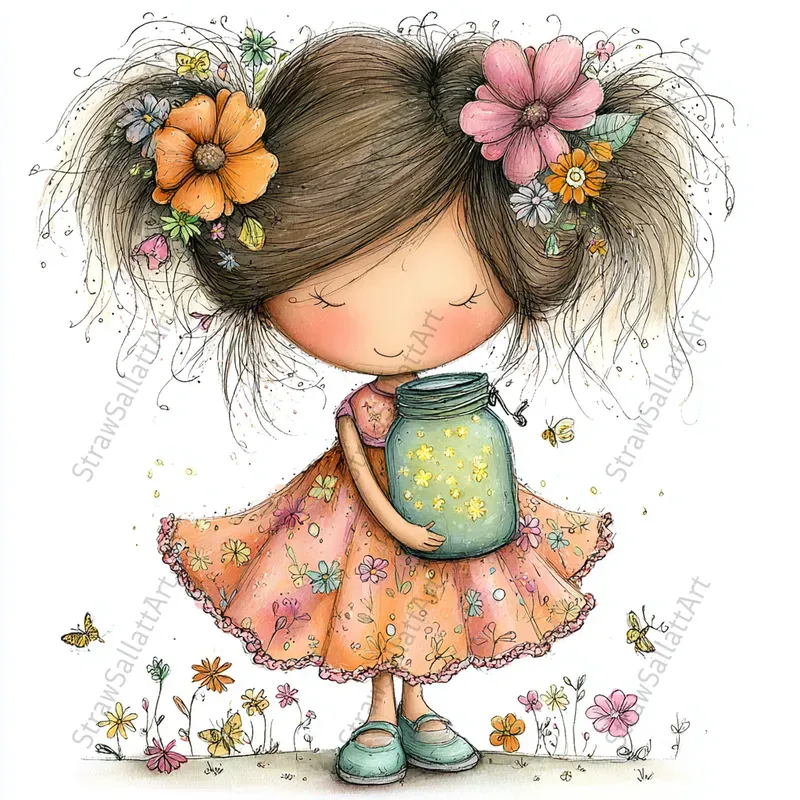 Doodle Girls Springtime Playful Cliparts