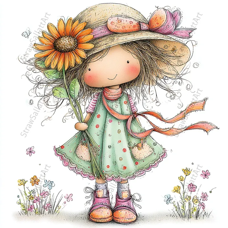 Doodle Girls Springtime Playful Cliparts