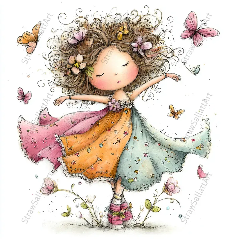 Doodle Girls Springtime Playful Cliparts