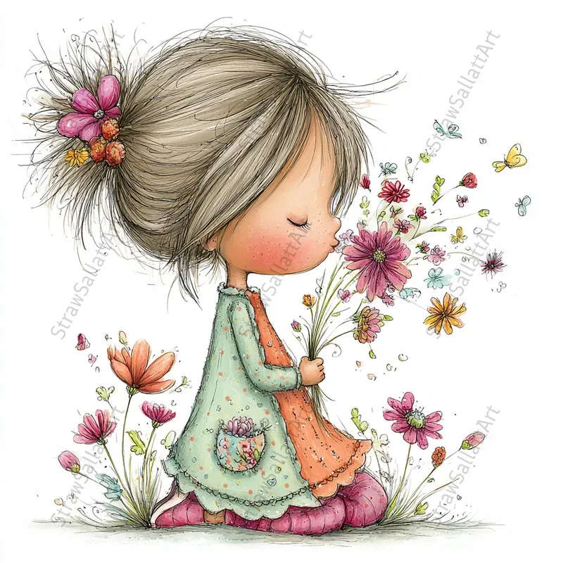 Doodle Girls Springtime Playful Cliparts