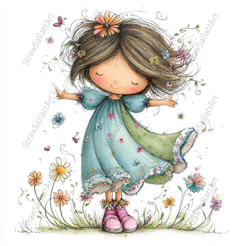 Doodle Girls Springtime Playful Cliparts