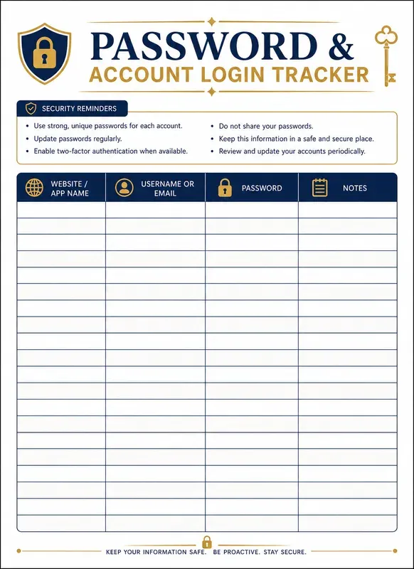 Password Login Tracker Sheet Gens