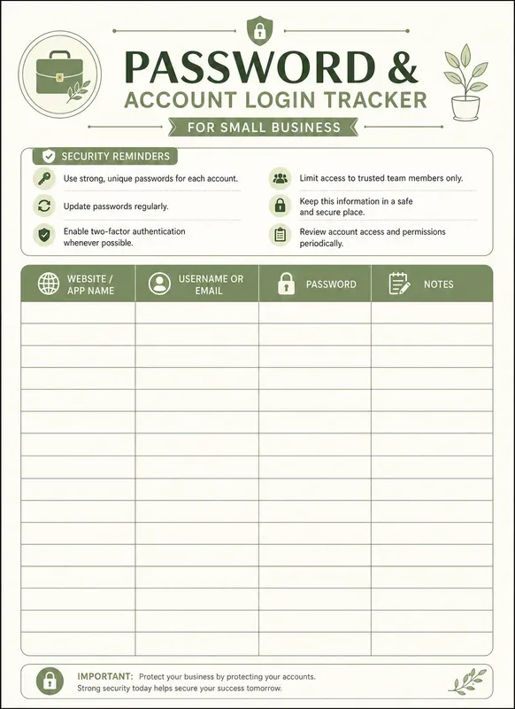 Password Login Tracker Sheet Gens