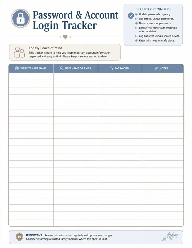 Password Login Tracker Sheet Gens