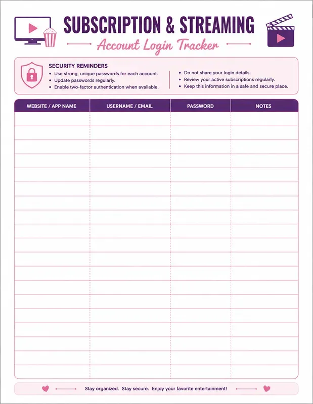 Password Login Tracker Sheet Gens