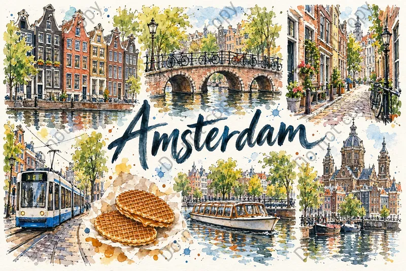 Hand Drawn Town Postcard Art