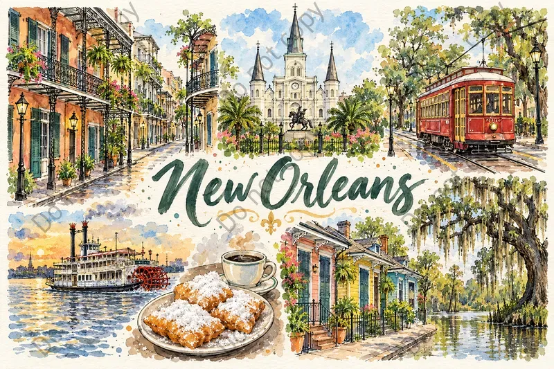 Hand Drawn Town Postcard Art