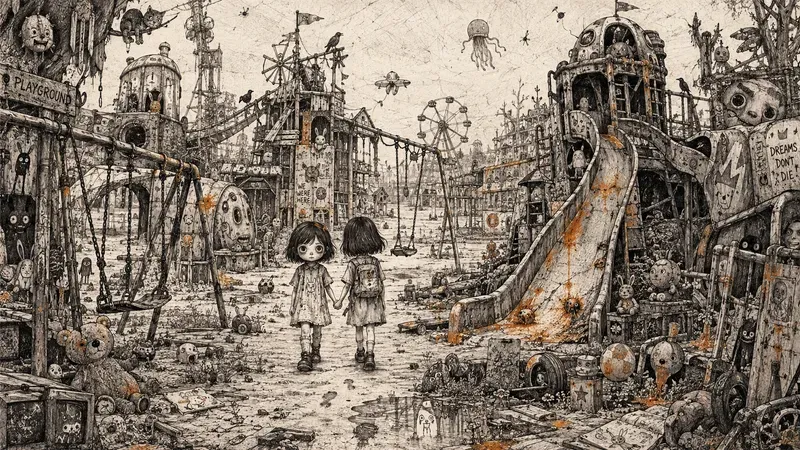 Surreal Abandoned Playground Ink Art