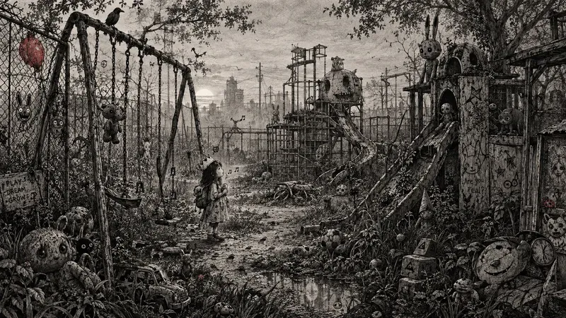 Surreal Abandoned Playground Ink Art