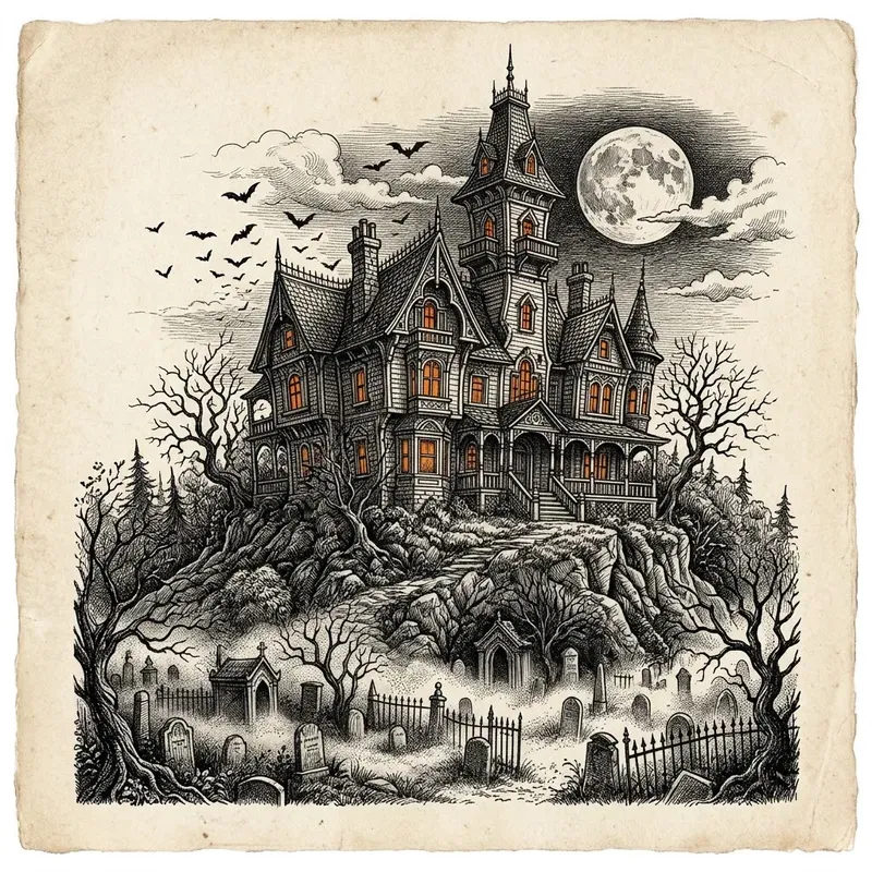 Spooky Haunted House Ink Sketches