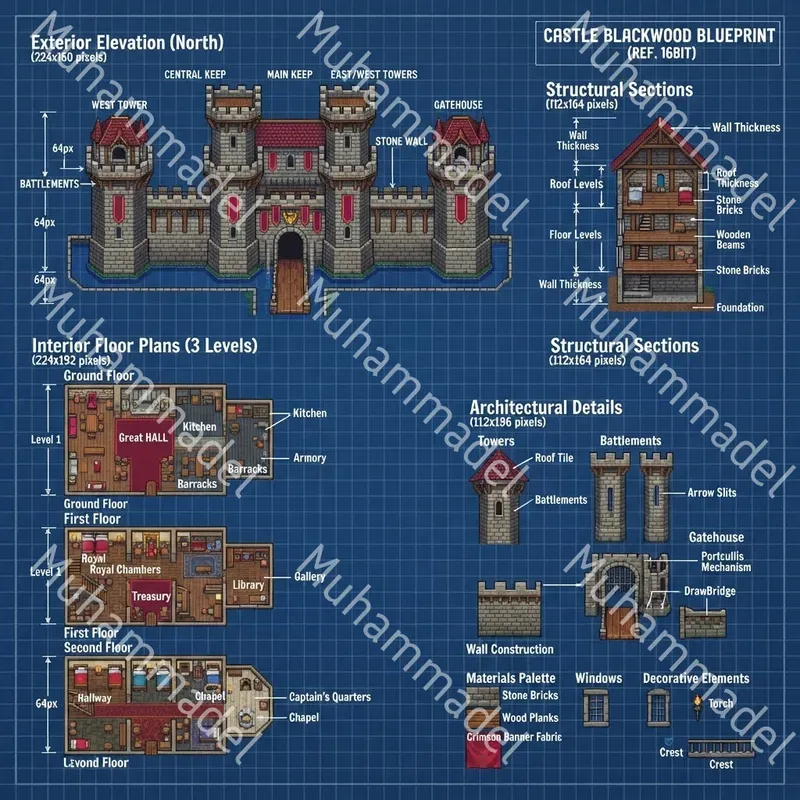 Pixel Art Building Blueprint Sheets