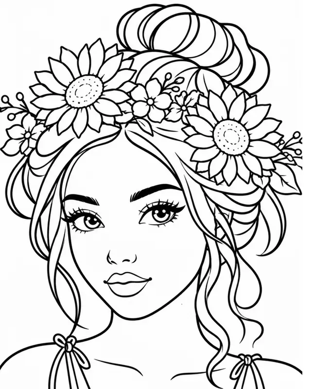 Bold Floral Girl Coloring Pages