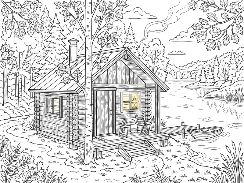 Cozy Lakeside Sauna Coloring Pages