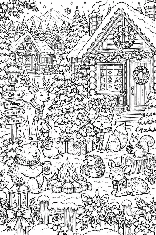 Christmas Village Snow Scenes Line Art