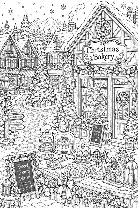 Christmas Village Snow Scenes Line Art