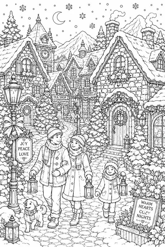 Christmas Village Snow Scenes Line Art