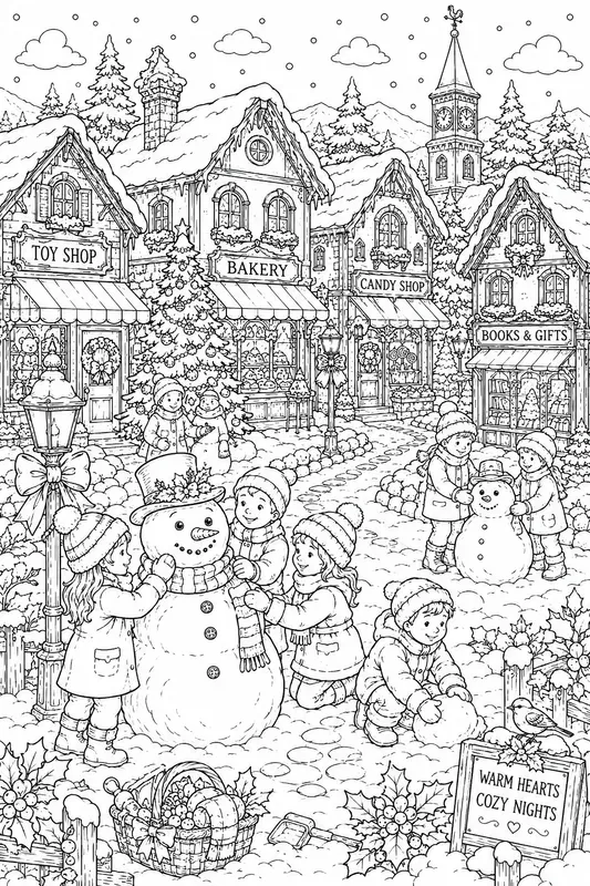Christmas Village Snow Scenes Line Art